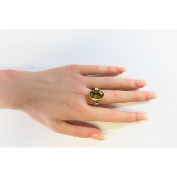 Honey Yellow Amber Cabochon Vintage Fancy Sterling Setting Ring Size 7.75 - Picture 2 of 8